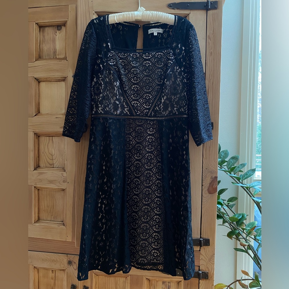 Kay Unger New York Black Lace over nude 3/4 sleeve Dress - Size 12